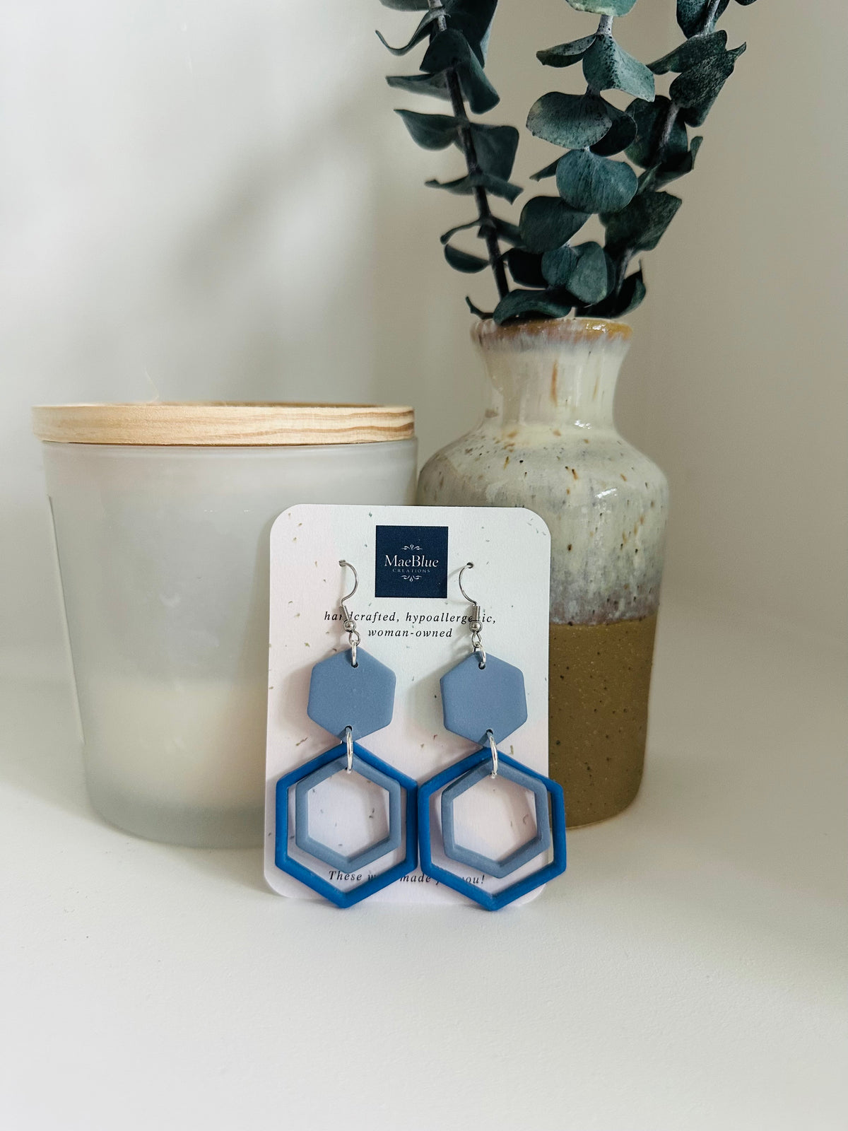 Blue Double Hexagon Earrings